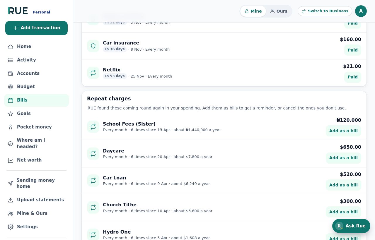 RUE Personal bills screen with sample data, showing repeat charges found in spending