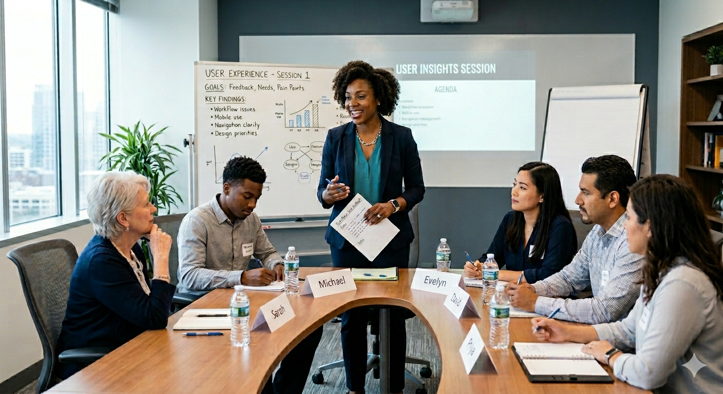Zadesta facilitator leading a team through a user-insights working session